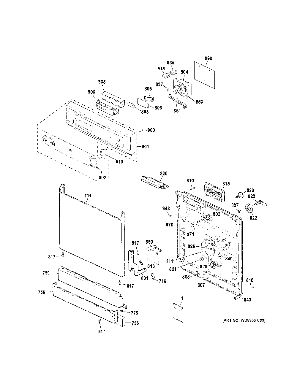 Escutcheon & door assembly Diagram and Parts List for GSD3340K65SA  General Electric Dishwasher