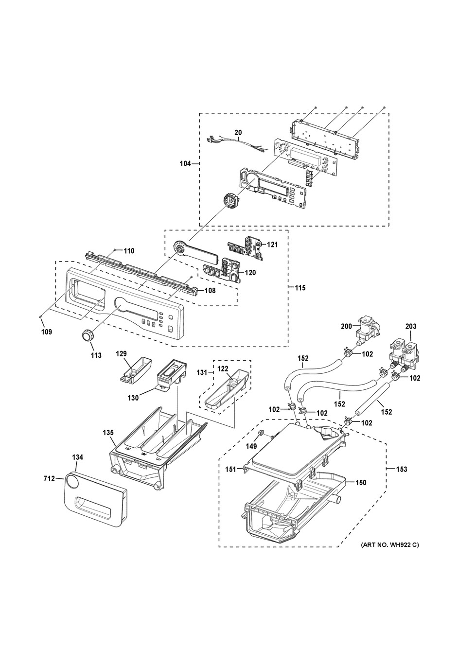 Controls & Dispenser Diagram and Parts List for WCVH4800K3WW  General Electric Washer