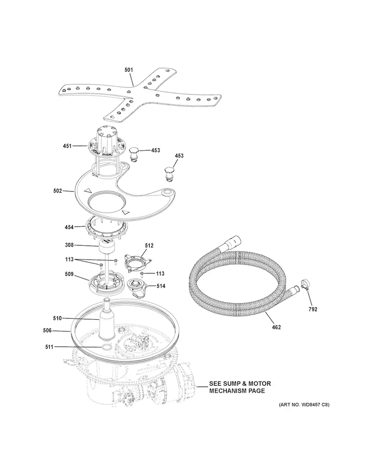 Sump & Filter Assembly Diagram and Parts List for CDT835SSJ0SS  General Electric Dishwasher