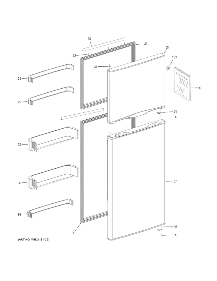 Doors Diagram and Parts List for GPE12FGKBWW  General Electric Refrigerator