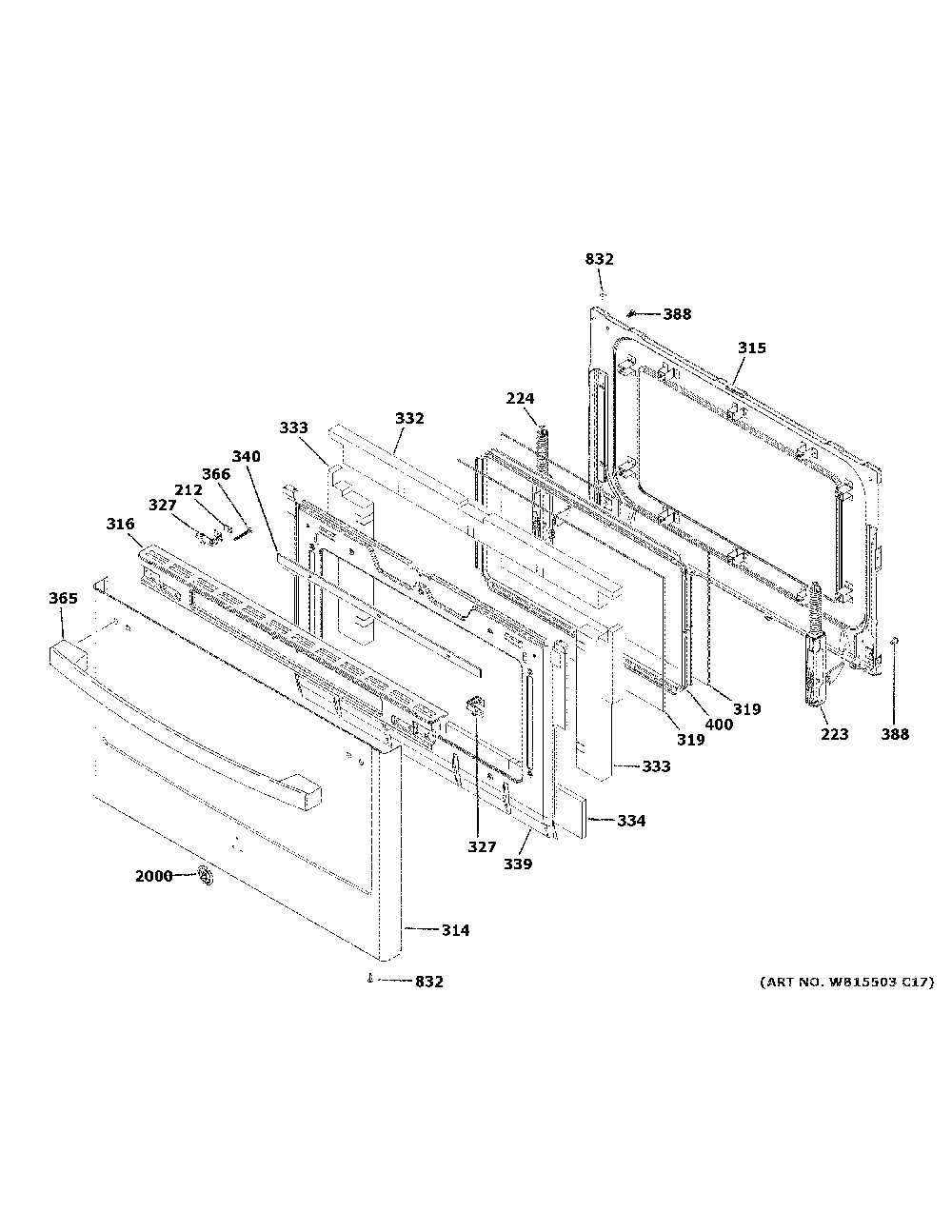 Lower Door Diagram and Parts List for JGSS86SP2SS  General Electric Range