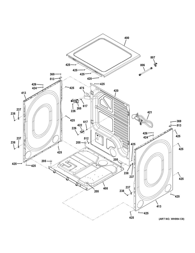 Cabinet & Top Panel Diagram and Parts List for GFD49GRSK0WW  General Electric Dryer