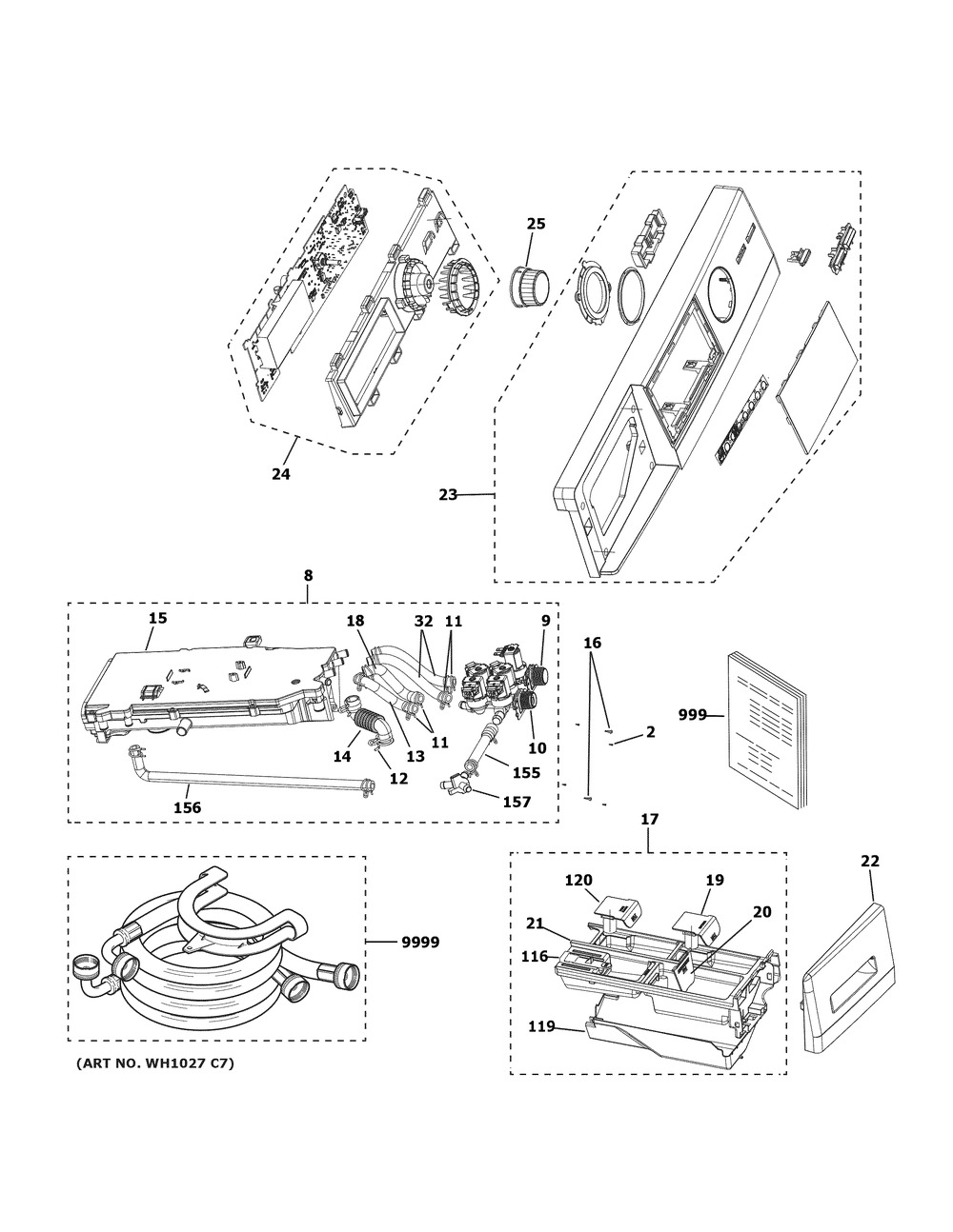 Controls And Dispenser Diagram and Parts List for GFQ14ESSN1WW  General Electric Washer Dryer Combo