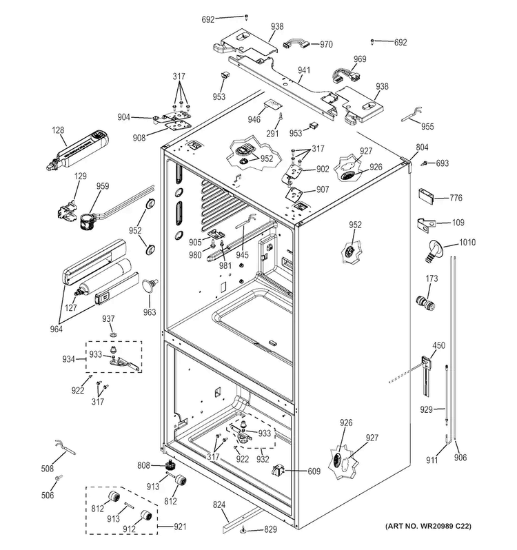 Case Parts Diagram and Parts List for PWE23KMDBES  General Electric Refrigerator