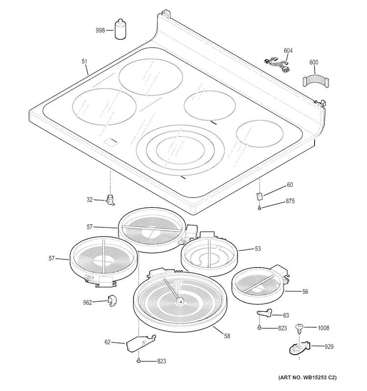 Cooktop Diagram and Parts List for JB750SF4SS  General Electric Range