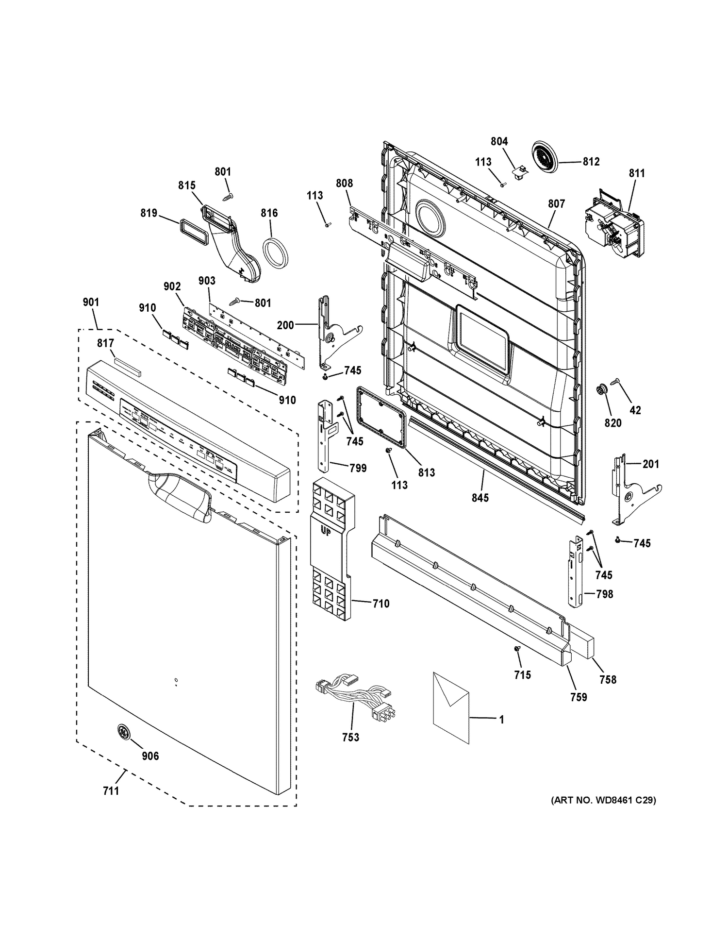 ESCUTCHEON & DOOR ASSEMBLY Diagram and Parts List for GDF610PGJ5BB  General Electric Dishwasher