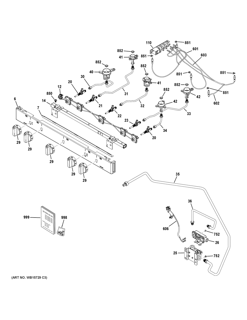 Gas And Burner Parts Diagram and Parts List for GGF500PV1WW  General Electric Range