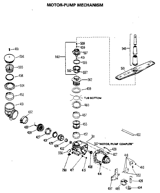 Motor-pump Assembly Diagram and Parts List for GSC410M-01  General Electric Dishwasher