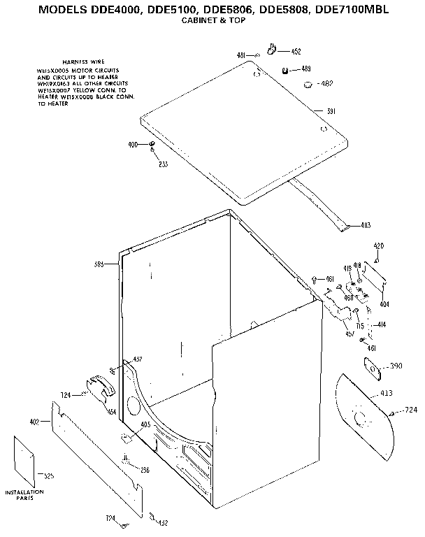 Top And Cabinet Diagram and Parts List for DDE5100  General Electric Dryer