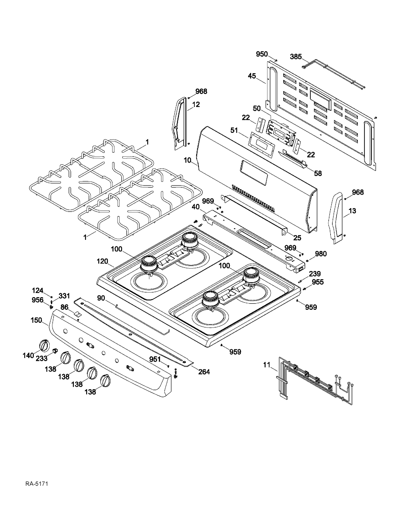 CONTROL PANEL & COOKTOP Diagram and Parts List for JGAS730EL4WW  General Electric Range