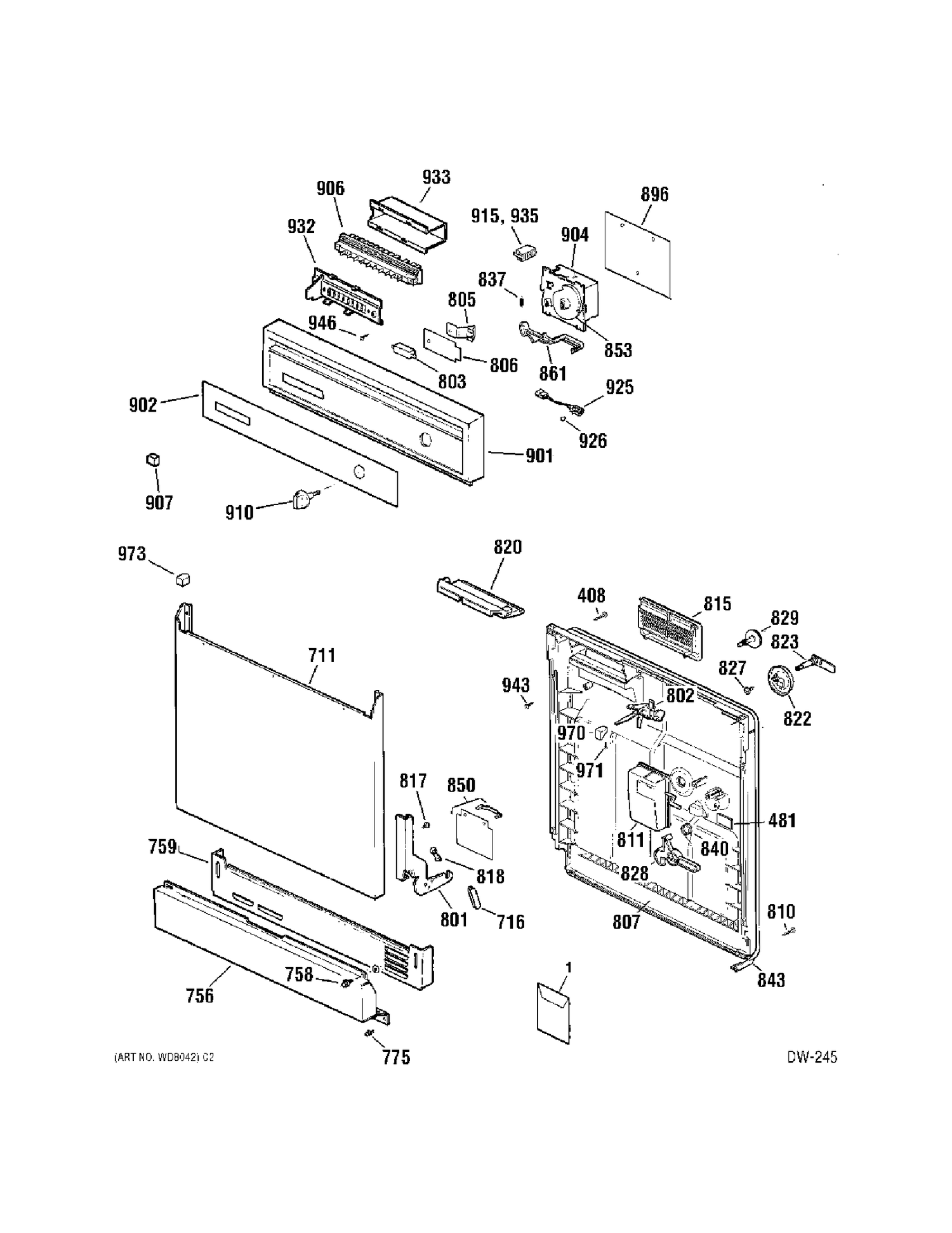 DOOR Diagram and Parts List for GSC3826J00WW  General Electric Dishwasher