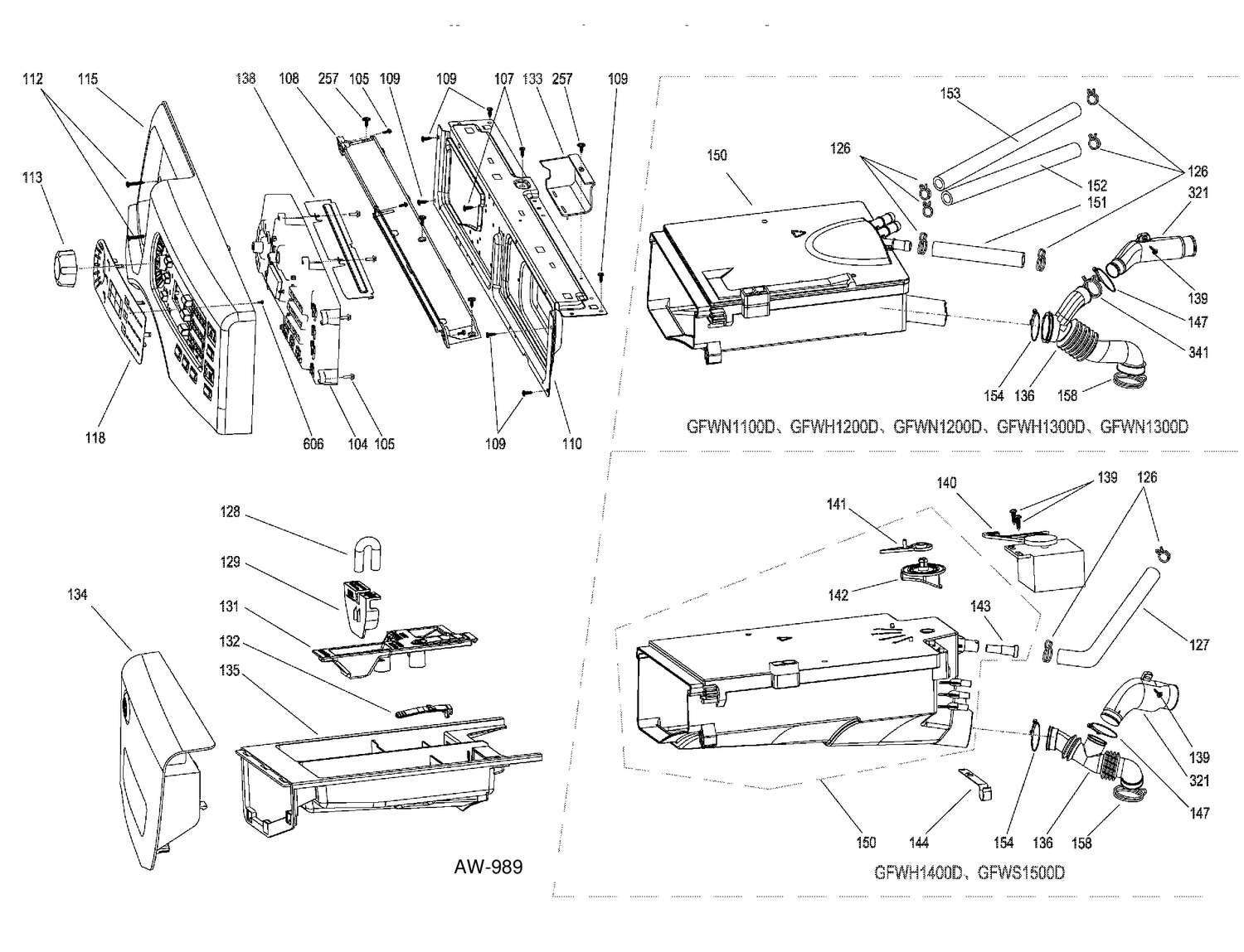 CONTROL PANEL & DISPENSER Diagram and Parts List for GFWH1405D0MP  General Electric Washer