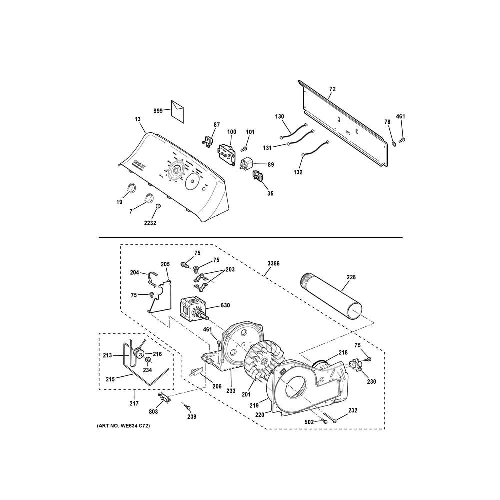 Backsplash, Blower And Motor Assembly Diagram and Parts List for 5TX62E9ST1WS  General Electric Dryer
