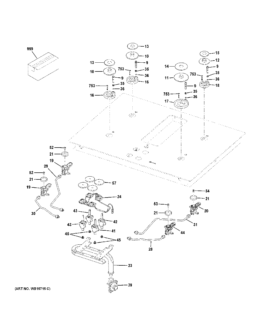 Gas And Burner Parts Diagram and Parts List for PGP9830DR1BB  General Electric Cooktop