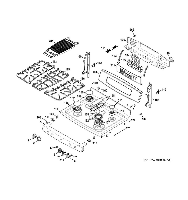 Control Panel & Cooktop Diagram and Parts List for PGB950DEF1WW  General Electric Range