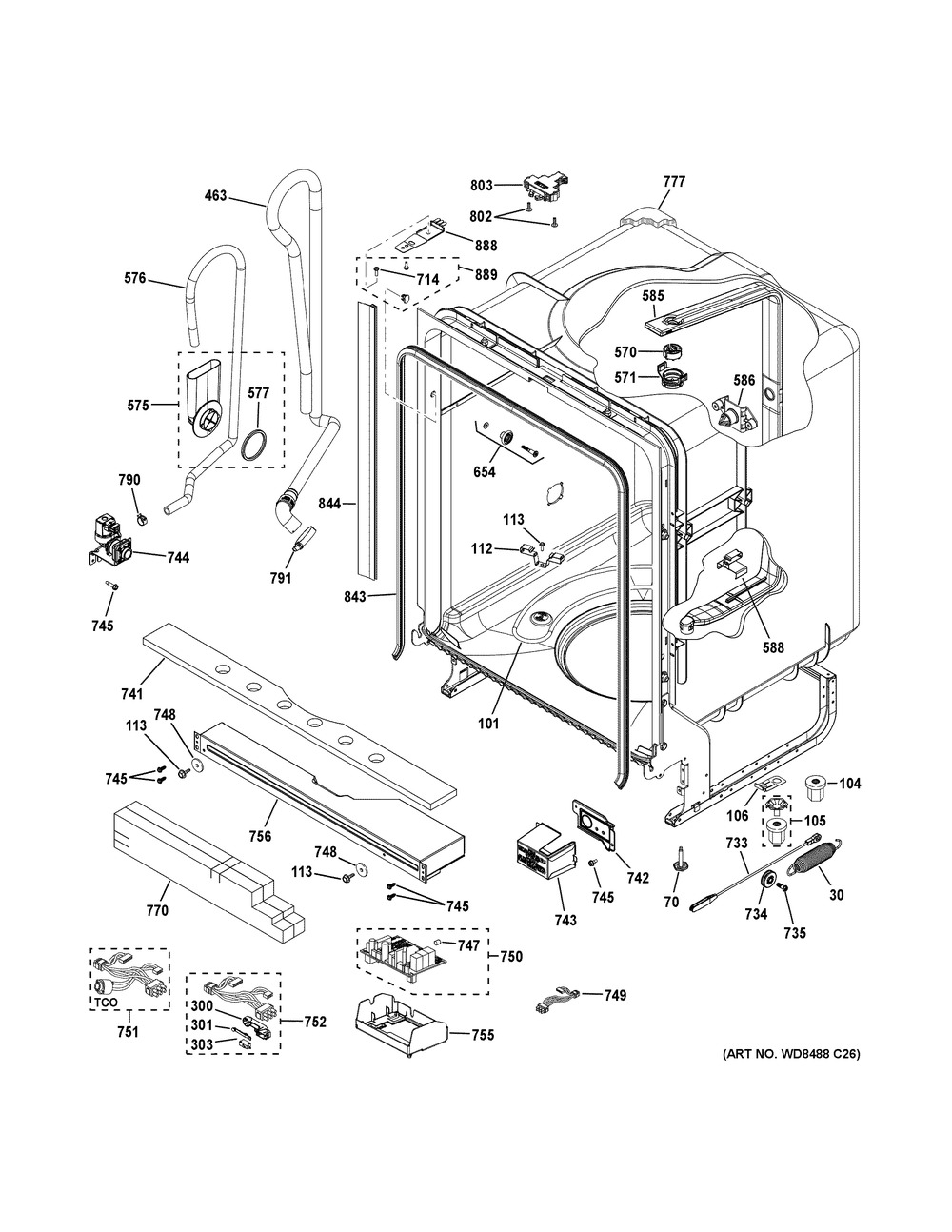 Body Parts Diagram and Parts List for GDT545PFJ6DS  General Electric Dishwasher