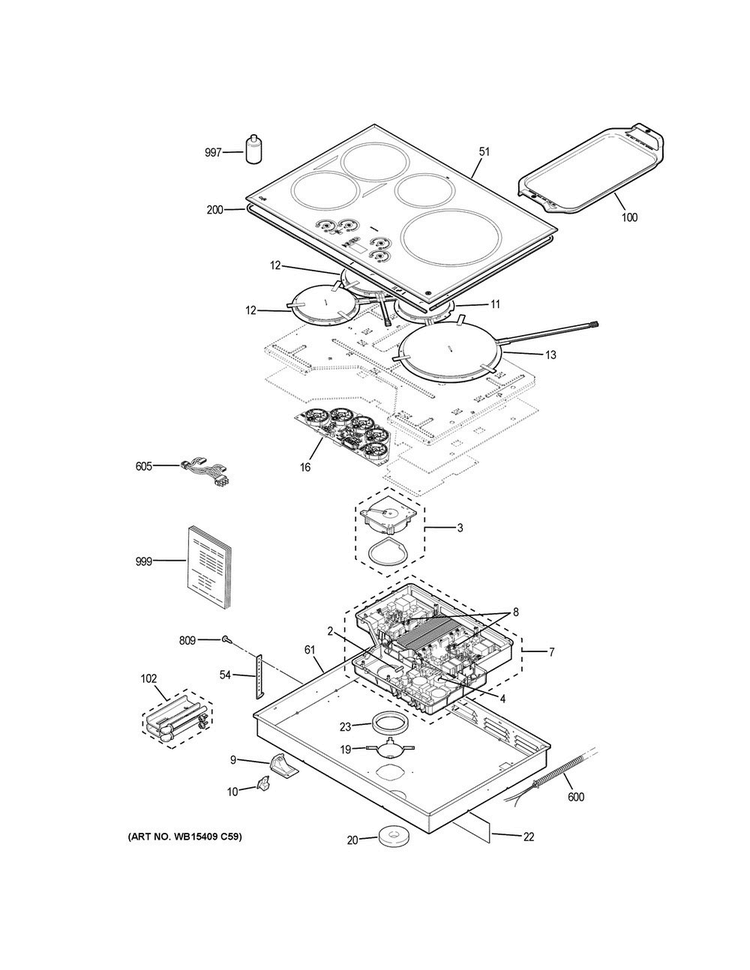 Control Panel & Cooktop Diagram and Parts List for CHP9530SJ2SS  General Electric Cooktop