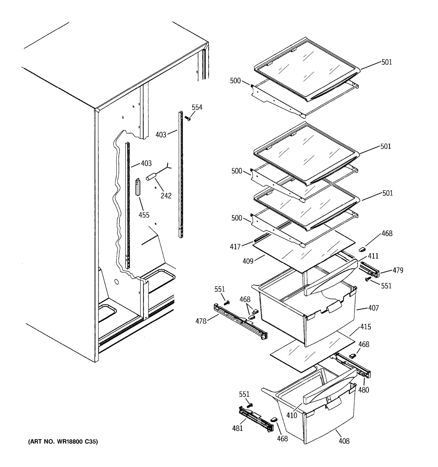 FRESH FOOD SHELVES Diagram and Parts List for MSS25IETCWW  General Electric Refrigerator