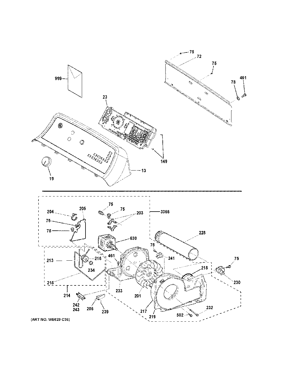 Backsplash, Blower And Motor Assembly Diagram and Parts List for GTD65GBSJ4WS  General Electric Dryer