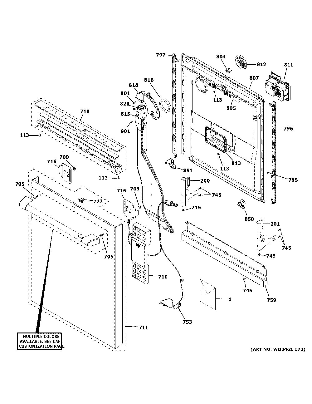 Escutcheon & door assembly Diagram and Parts List for CDT805P2N2S1  General Electric Dishwasher