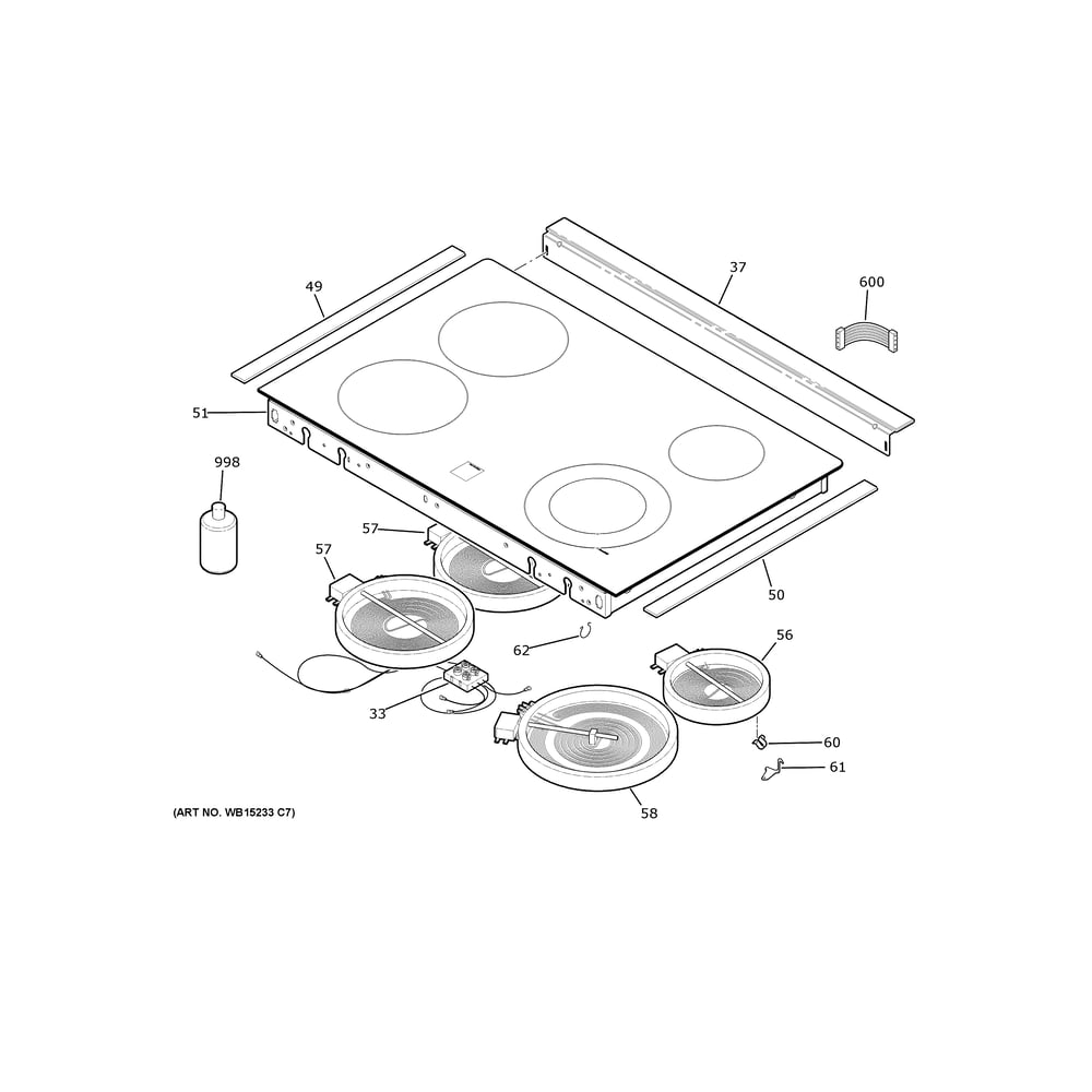 Cooktop Diagram and Parts List for JD630DT3WW  General Electric Range