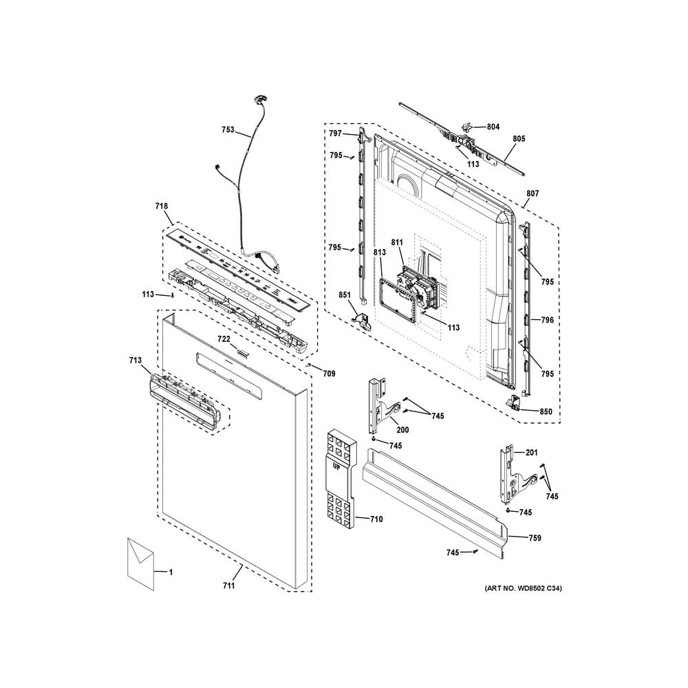 Escutcheon And Door Assembly Diagram and Parts List for PDP715SYV3FS  General Electric Dishwasher