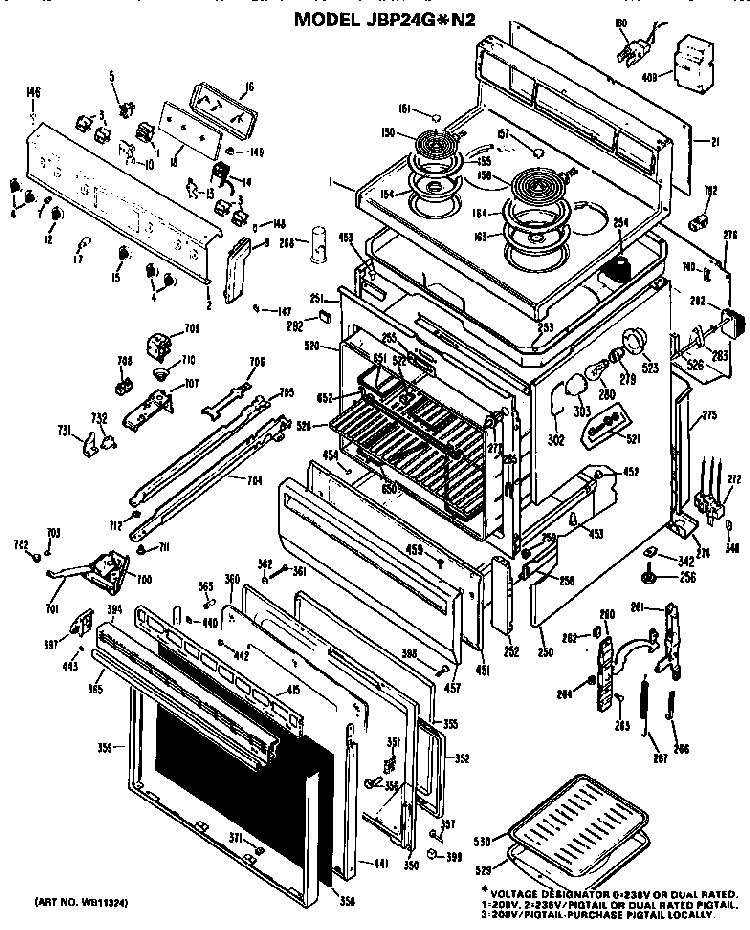 Replacement Parts Diagram and Parts List for JBP24GN2  General Electric Range