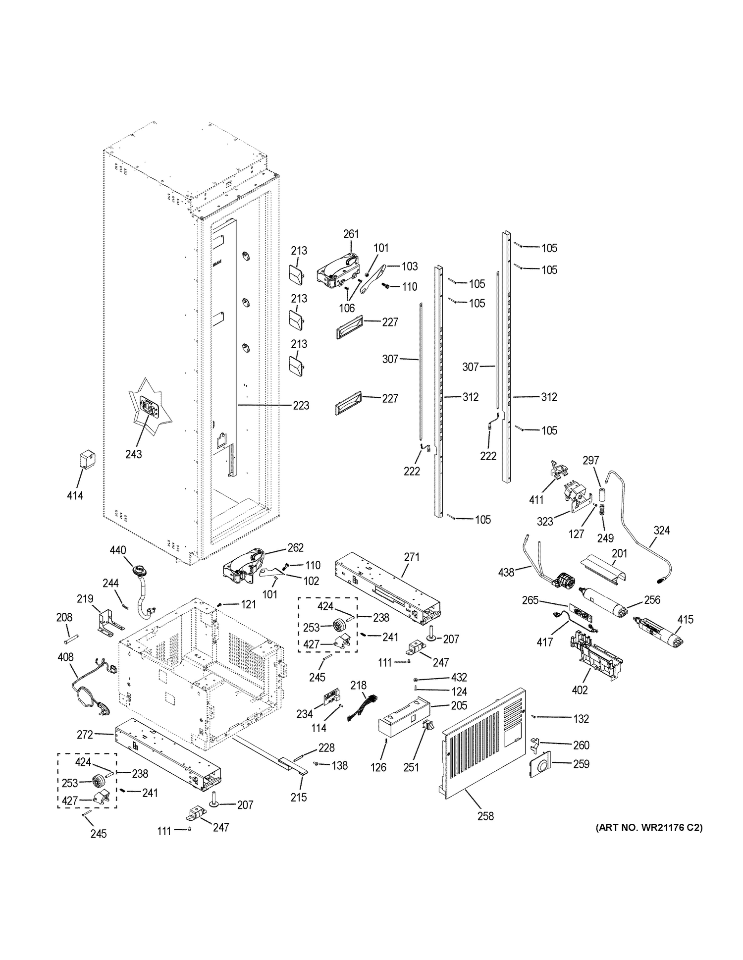 CASE PARTS Diagram and Parts List for ZIF240NPKAII  General Electric Freezer