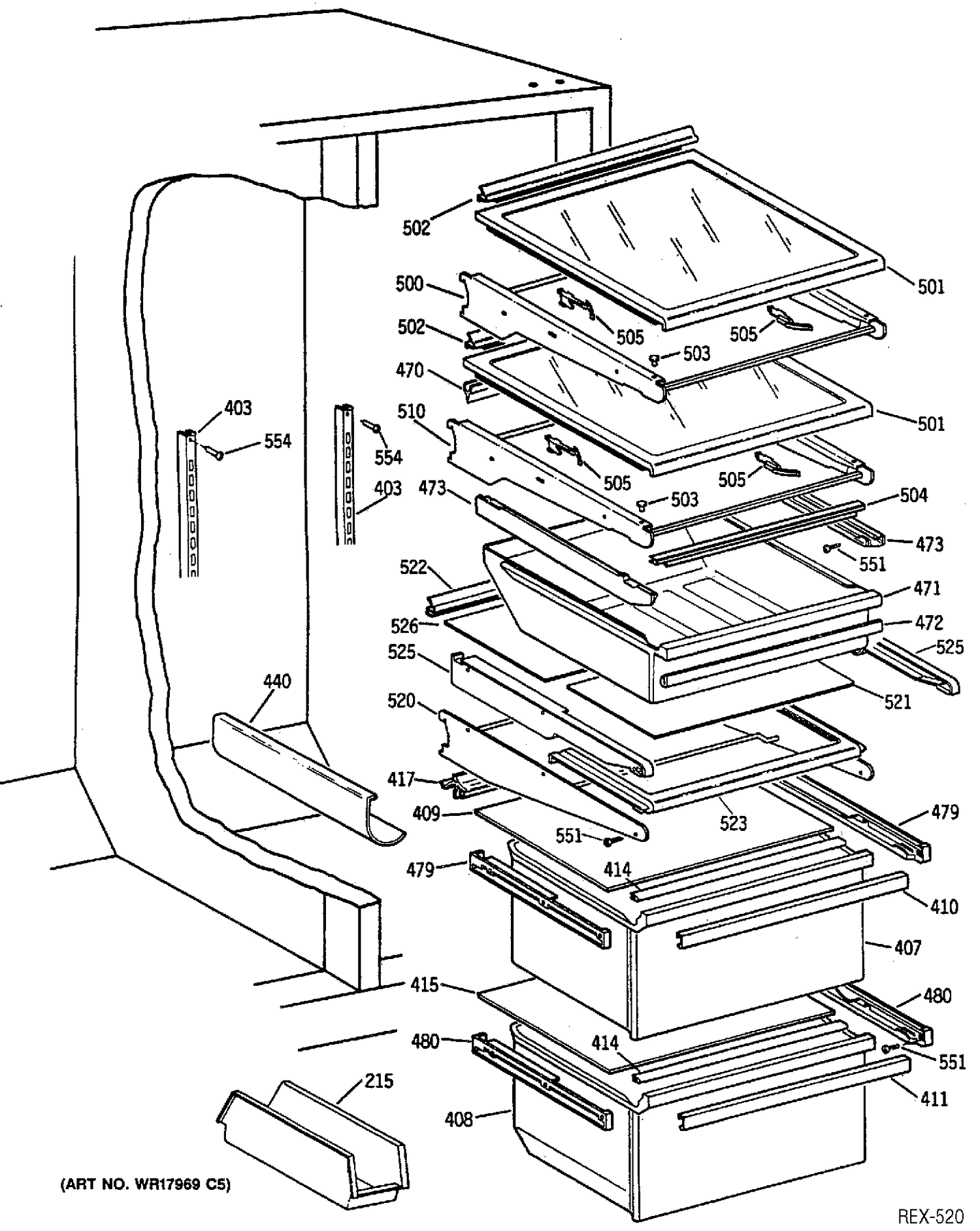 REFRIGERATOR SHELVES Diagram and Parts List for TFX22PRSBBB  General Electric Refrigerator