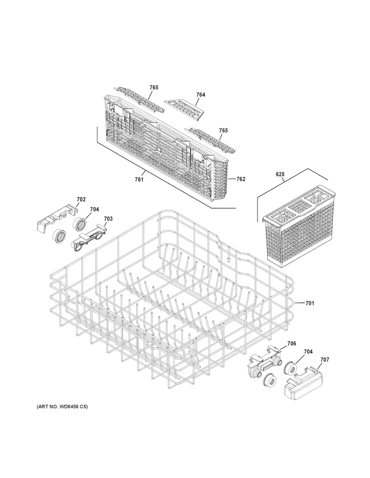 Lower Rack Assembly Diagram and Parts List for GDF520PGD6BB  General Electric Dishwasher