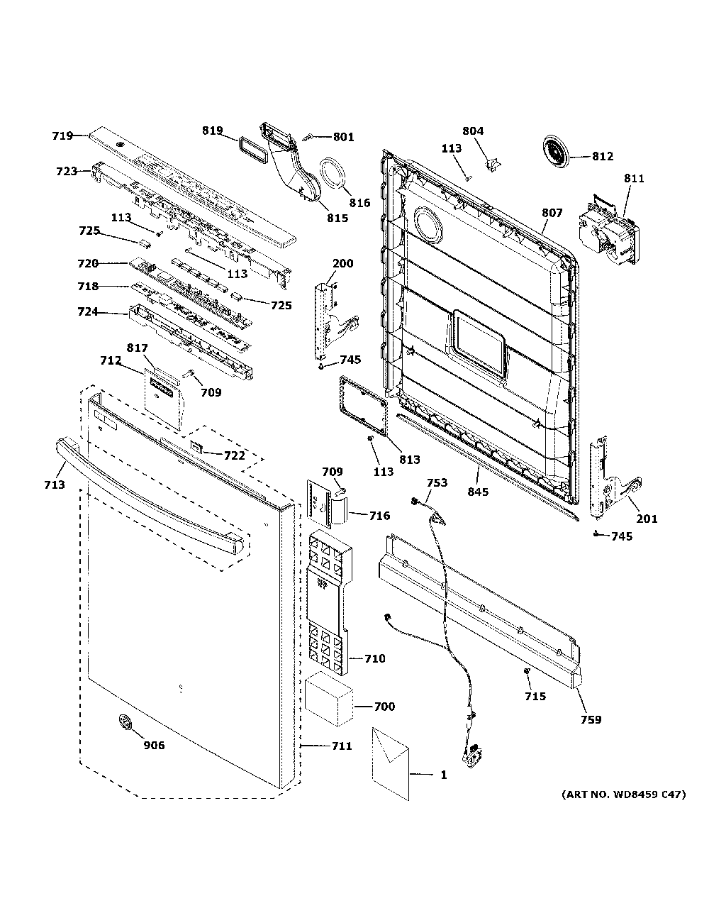 Escutcheon And Door Assembly Diagram and Parts List for GDT605PMM6ES  General Electric Dishwasher
