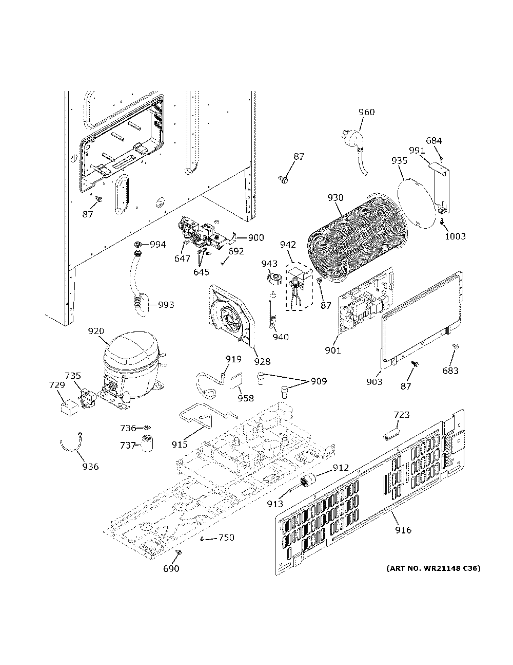 Machine compartment Diagram and Parts List for ZWE23ESNDSS  General Electric Refrigerator