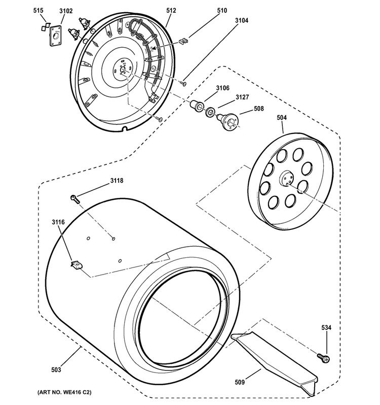 Drum Diagram and Parts List for DSKS333EC4WW  General Electric Dryer