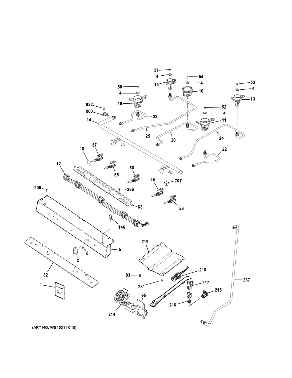 Gas & Burner Parts Diagram and Parts List for JGBS66REK3SS  General Electric Range