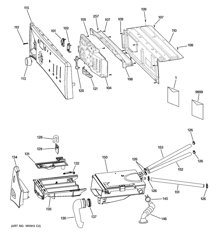 Controls & Dispenser Diagram and Parts List for GFWN1100L3WW  General Electric Washer