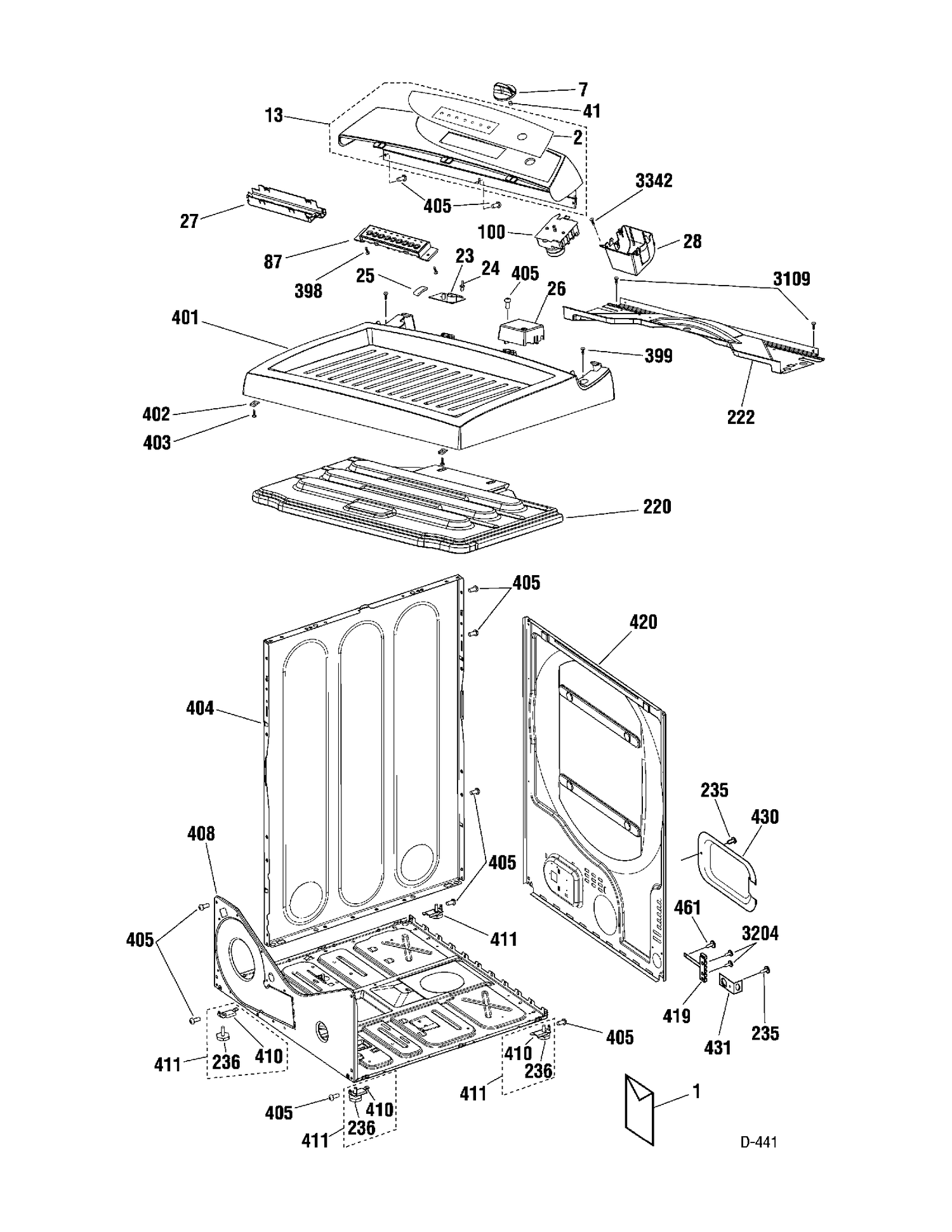 CABINET Diagram and Parts List for DE09-US0  General Electric Dryer