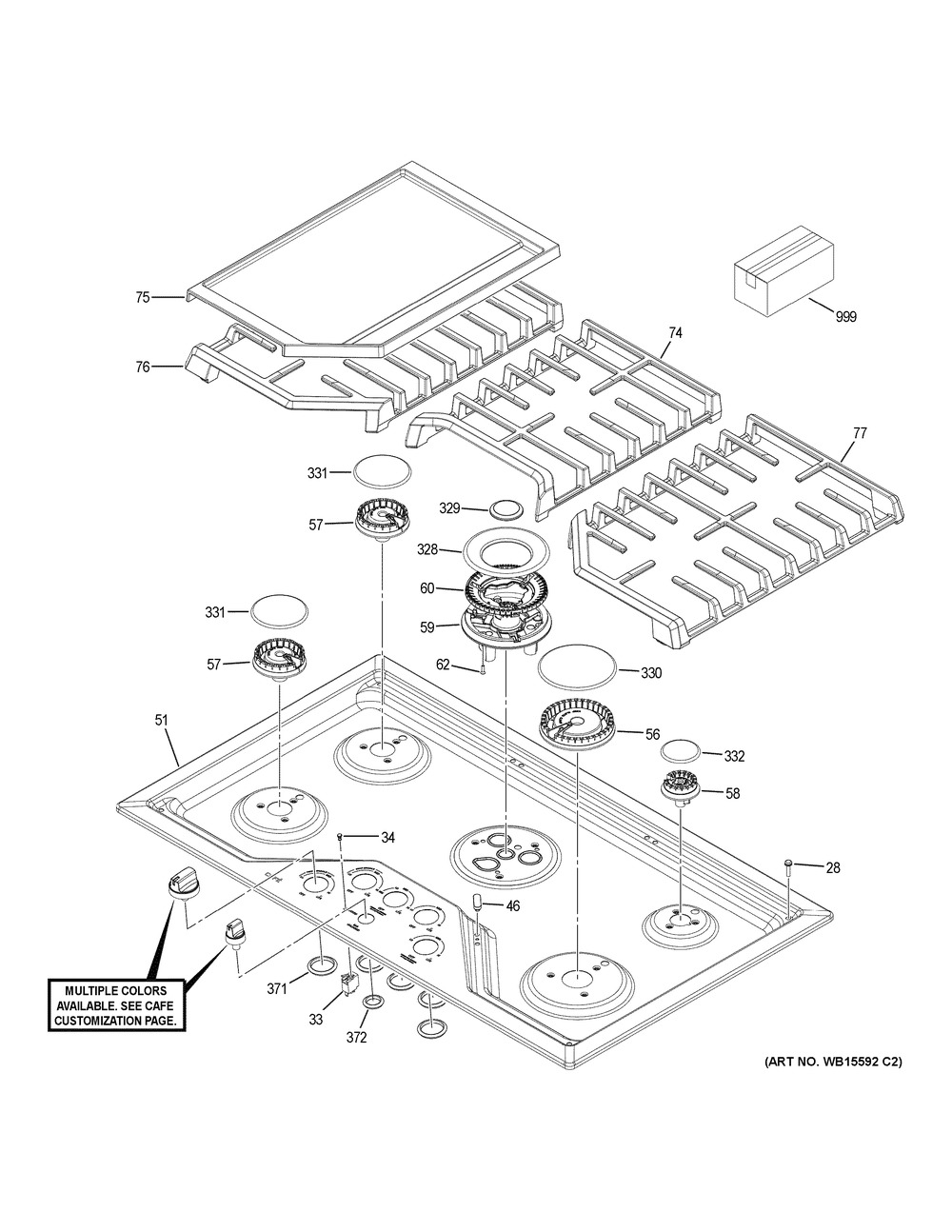 Control Panel & Cooktop Diagram and Parts List for CGP95363M1S2  General Electric Cooktop