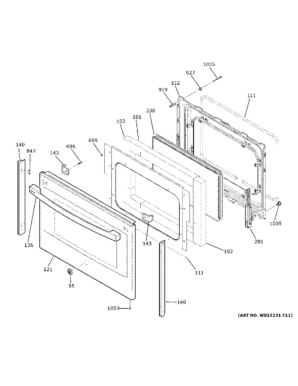 Lower door Diagram and Parts List for PB960SJ9SS  General Electric Range