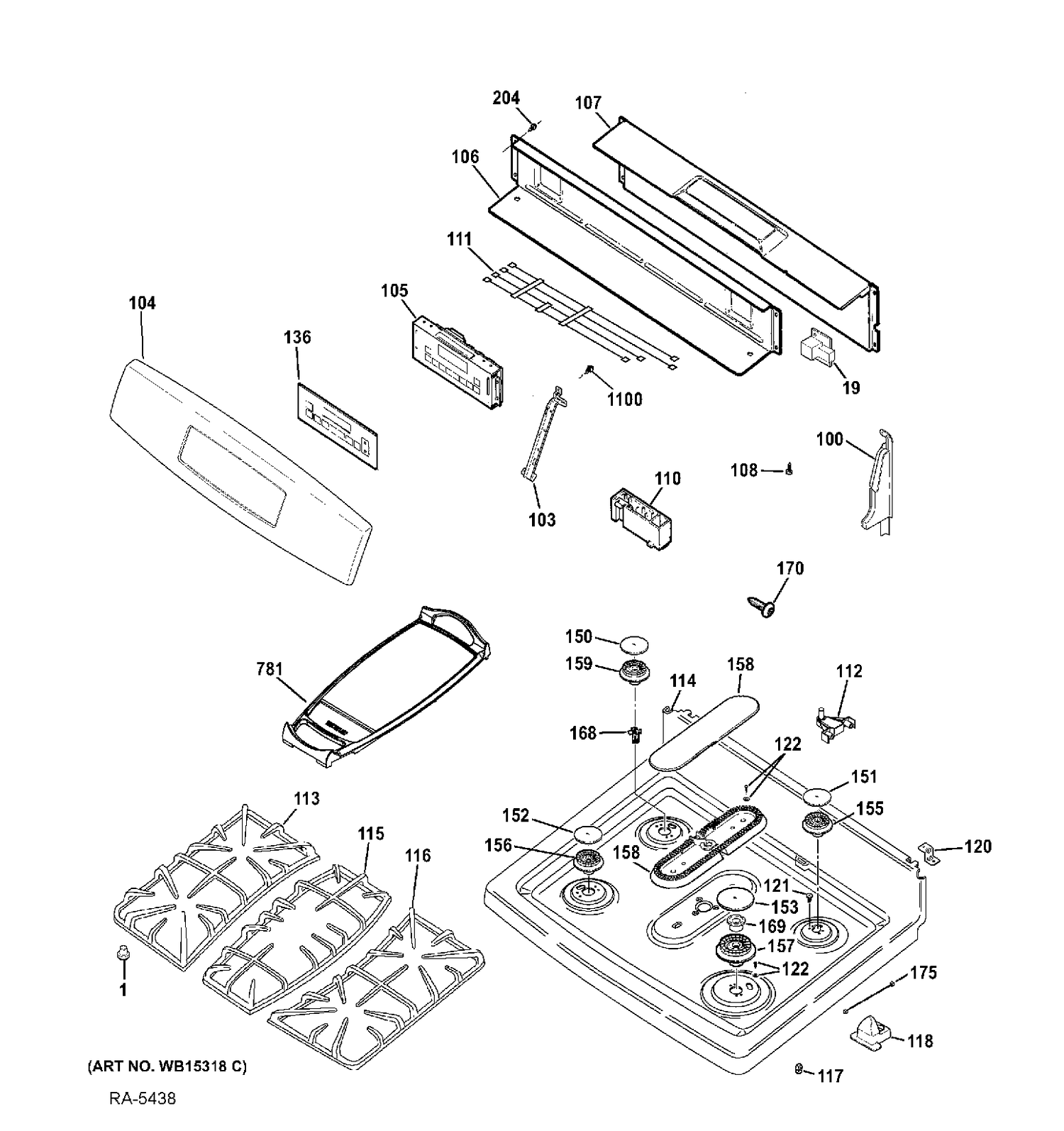 CONTROL PANEL & COOKTOP Diagram and Parts List for JCGB750SEF1SS  General Electric Range