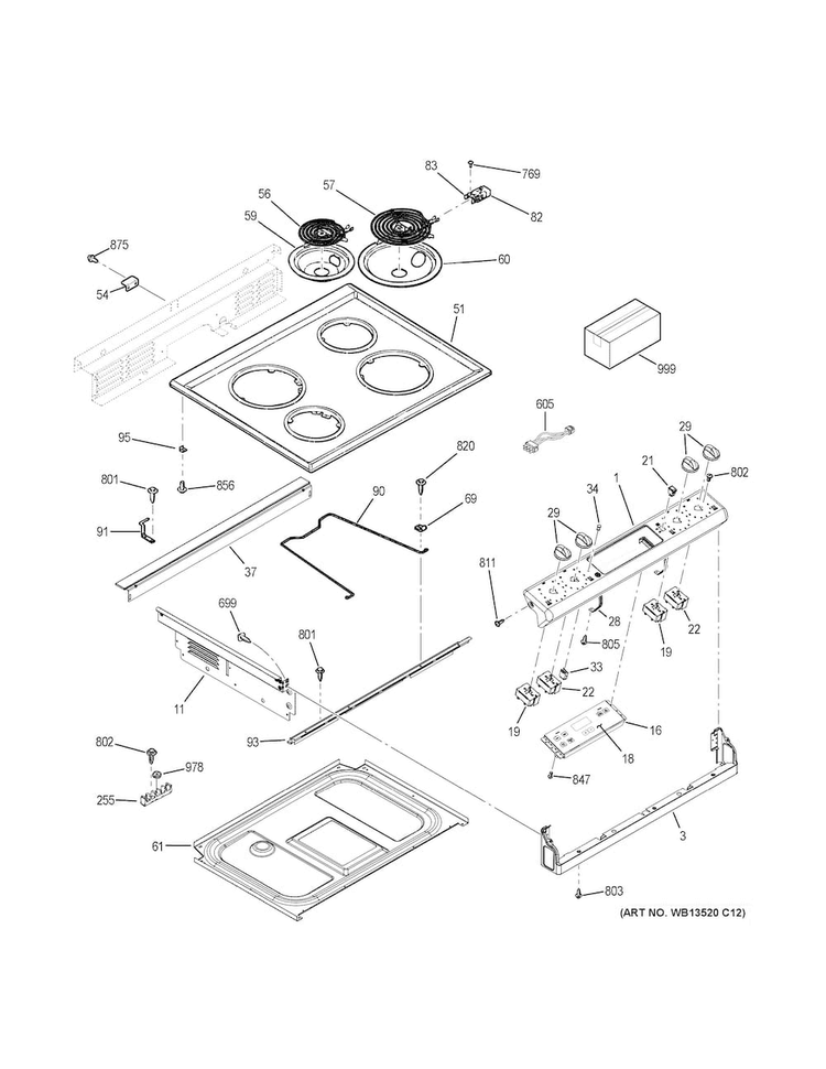 Control Panel & Cooktop Diagram and Parts List for JDS28DF2WW  General Electric Range