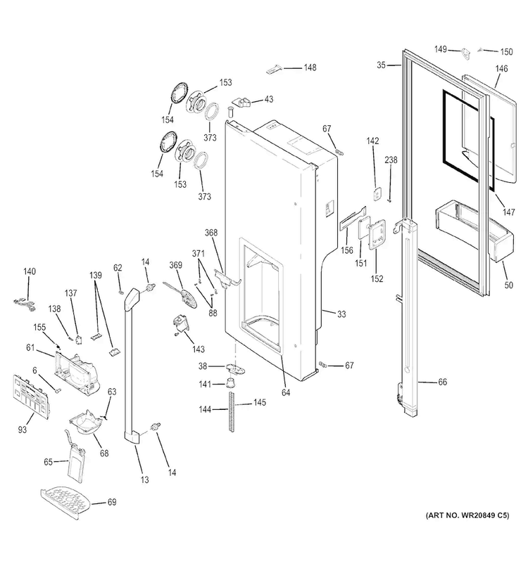 Dispenser Door Diagram and Parts List for CFCP1RKBASS  General Electric Refrigerator