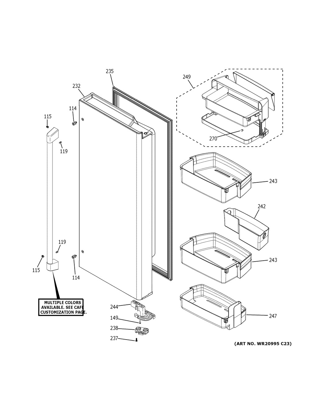 Fresh Food Door - Rh Diagram and Parts List for CWE23SP4MDW2  General Electric Refrigerator