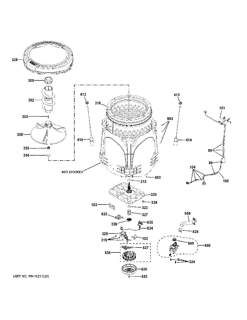 Tub And Motor Diagram and Parts List for PTW705BPT0DG  General Electric Washer