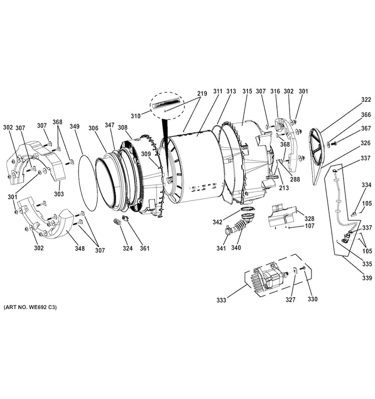 Tub & Motor Diagram and Parts List for GFWN1600J0WW  General Electric Washer