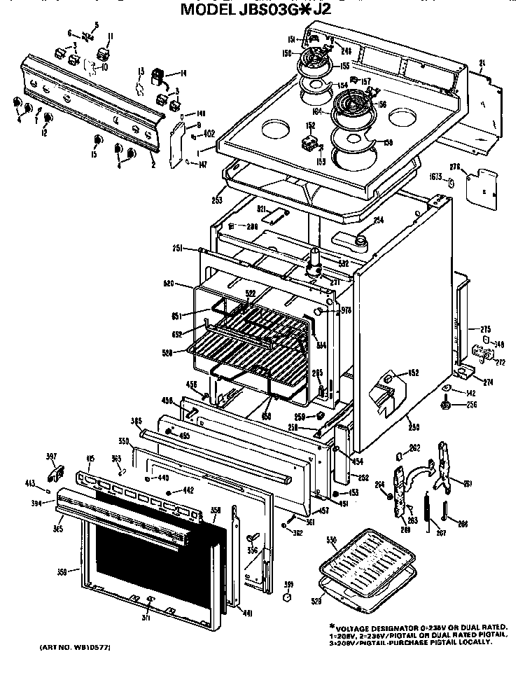 Main Body/cooktop/controls Diagram and Parts List for JBS03G*J2  General Electric Range