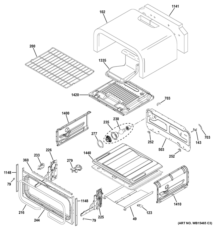 Upper Oven Diagram and Parts List for PGB960SEJ2SS  General Electric Range