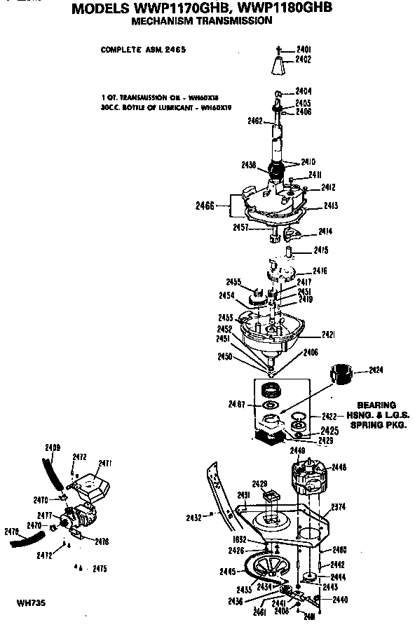 Transmission Diagram and Parts List for WWP1170GHB  General Electric Washer