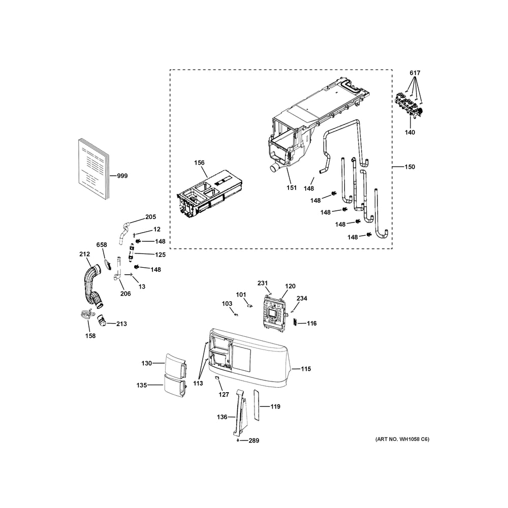 Controls & Dispenser Diagram and Parts List for PFQ83HSSW1WW  General Electric Washer Dryer Combo