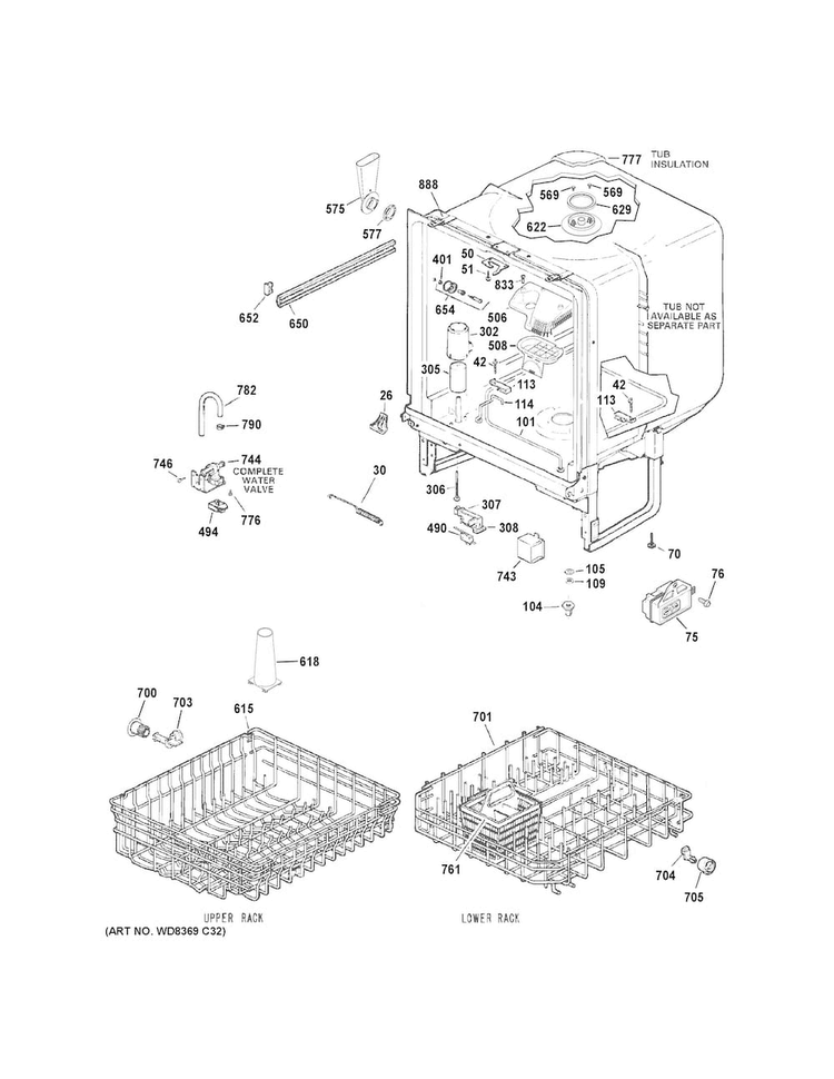Body Parts Diagram and Parts List for GSD3300K00BB  General Electric Dishwasher