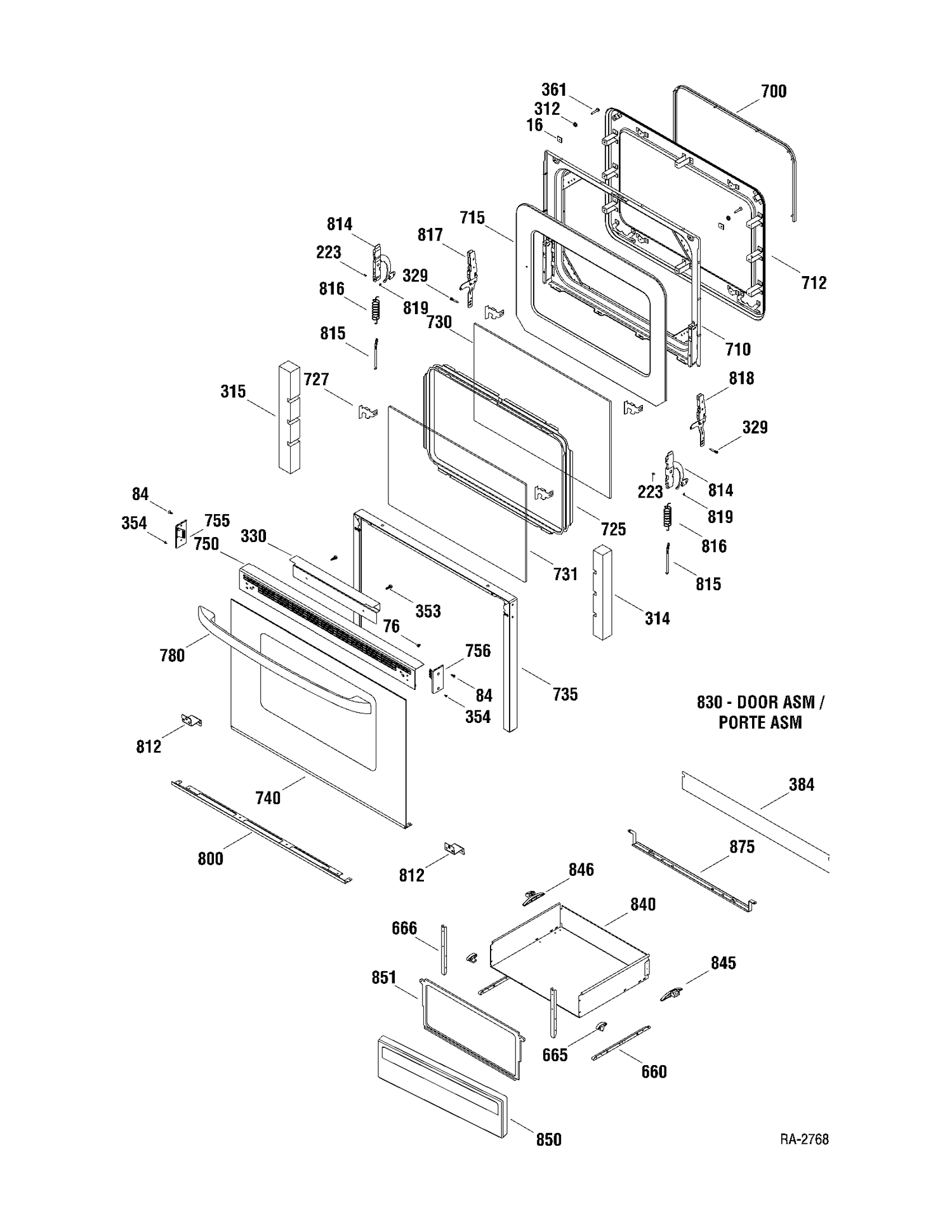 DOOR & DRAWER Diagram and Parts List for MCB787WM2WW  General Electric Range